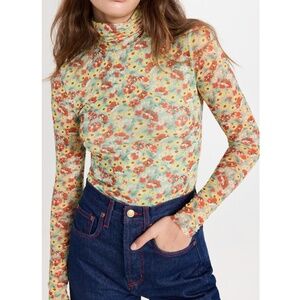 Ganni Fitted Printed Mesh Rollneck Long-Sleeve Meadow Celadon Green